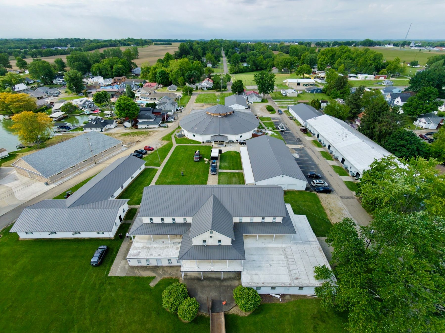 Aerial overview of Apostolic Campgrounds roofing project
